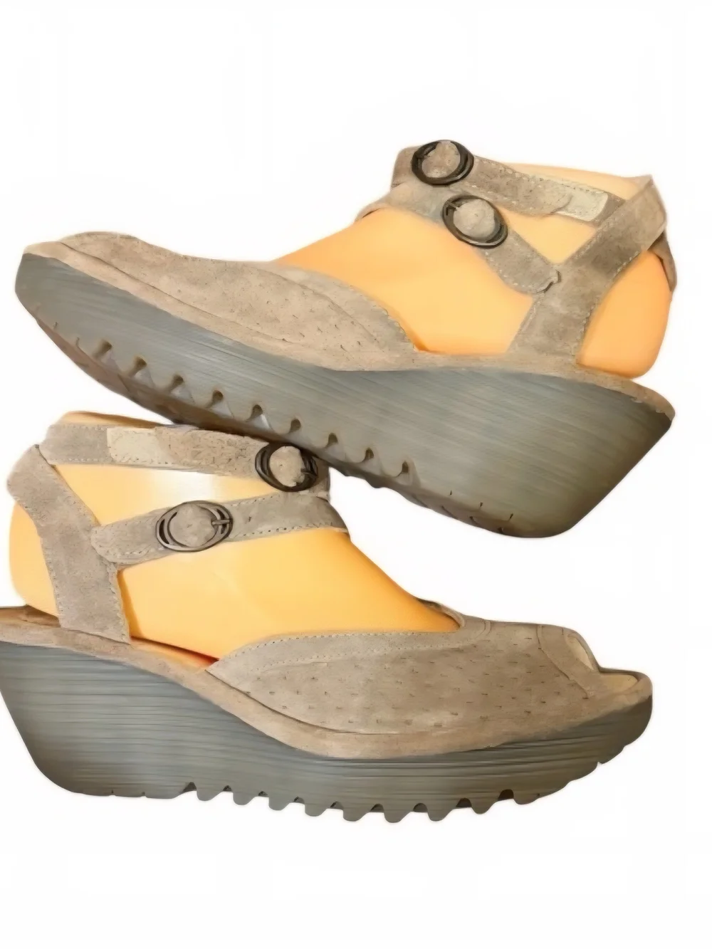 Fly London  Taupe Suede Ankle-Strap Wedge Sandal
